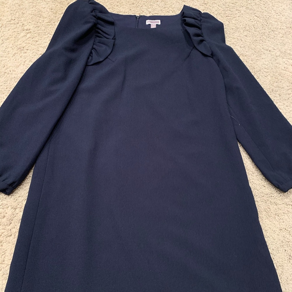 Chelsea28 ruffle shoulder navy shift dress